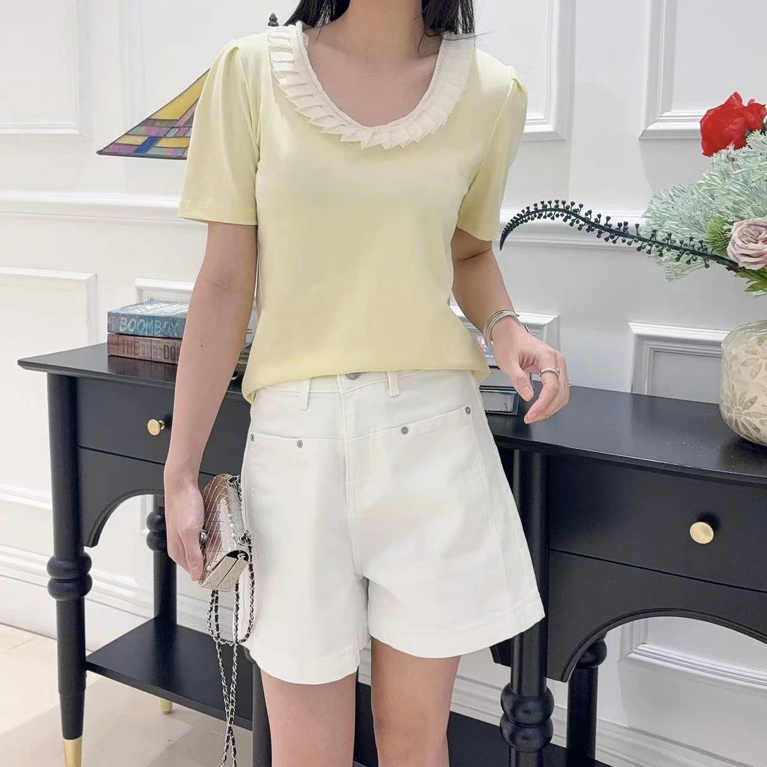 (F-361-F-450)夏季新款圆领拼色荷叶边短袖T恤女短款精致洋气上衣