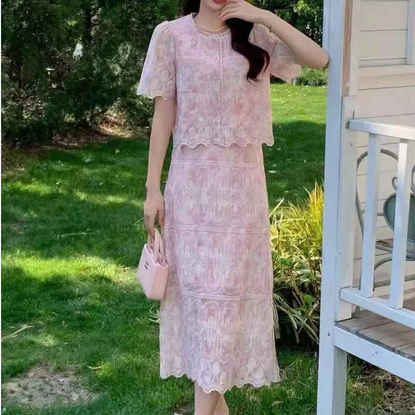 【锦衣服饰】F 8839韩系名媛刺绣短袖半身套裙