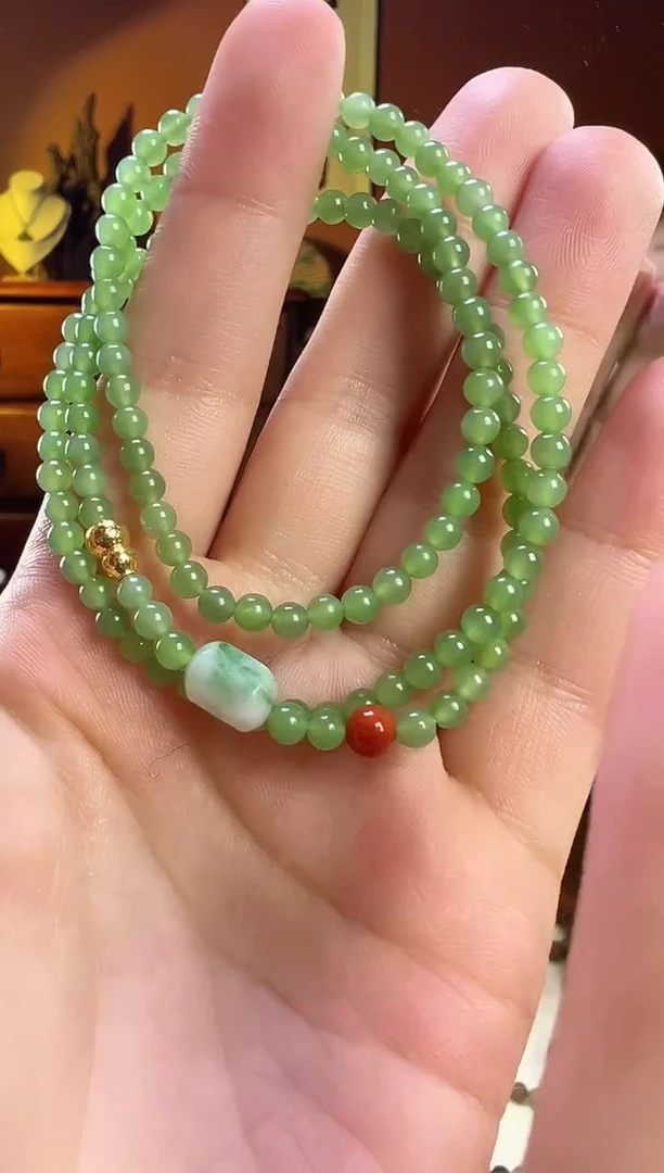 【闪购商品】和田玉（碧玉）手串18K金镶嵌碧玉三圈4mm