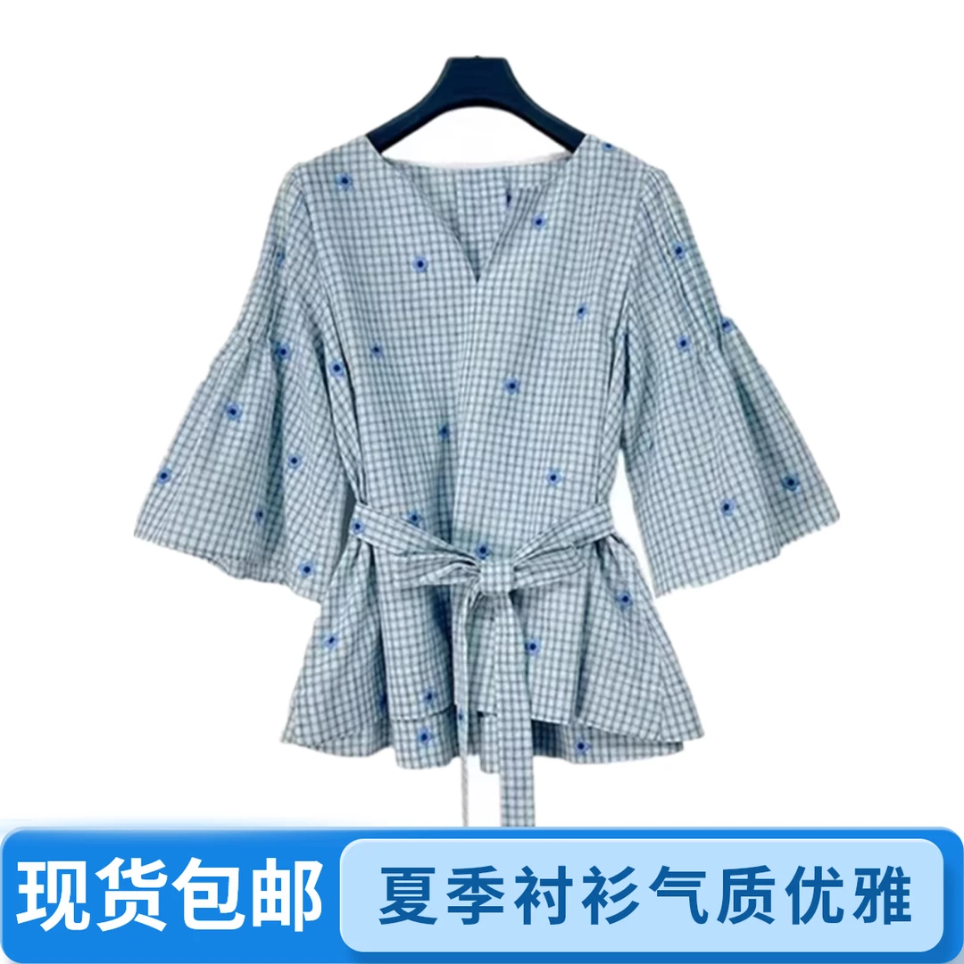 夏季女士优雅气质喇叭袖V领衬衫荷叶边设计感可爱风小衫S252Z0422