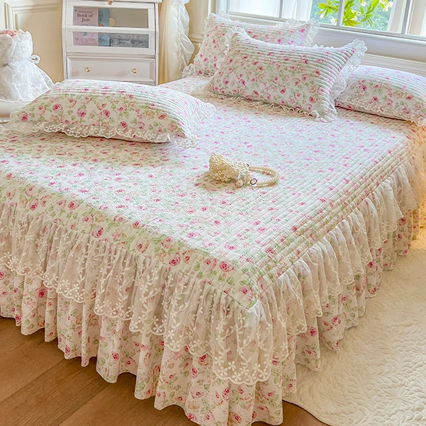 2025新款泡泡棉印花床笠蕾丝花边公主风夹棉加厚床罩床单韩版床裙