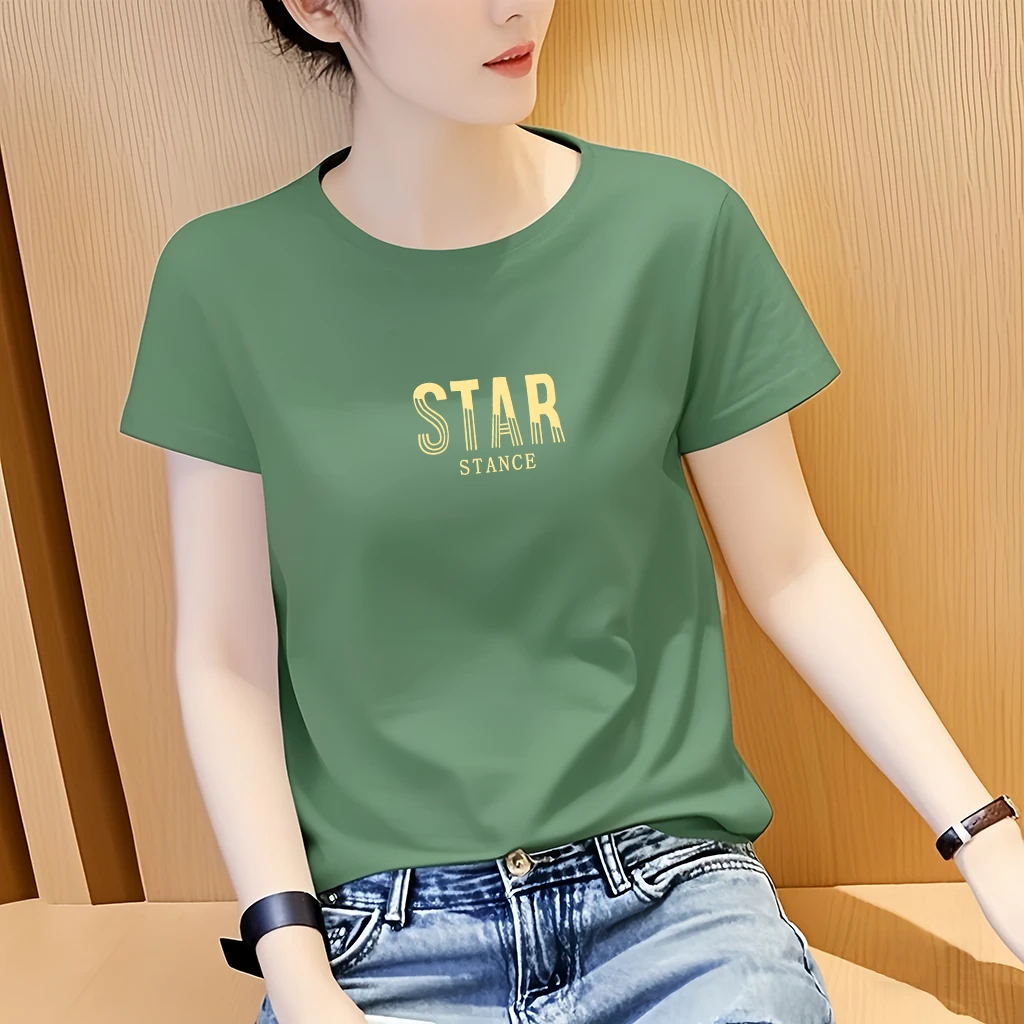 圆领印花时尚休闲百搭显瘦2025新款夏季短袖t恤女士宽松大码上衣