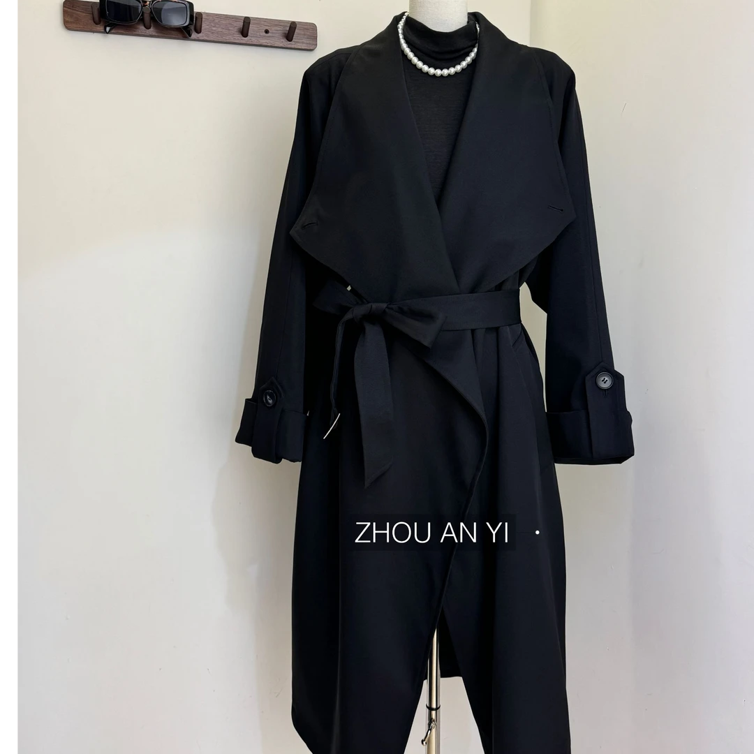 新秋款高档风衣长款翻领极简修身风衣气质网红时尚百搭显瘦中长款