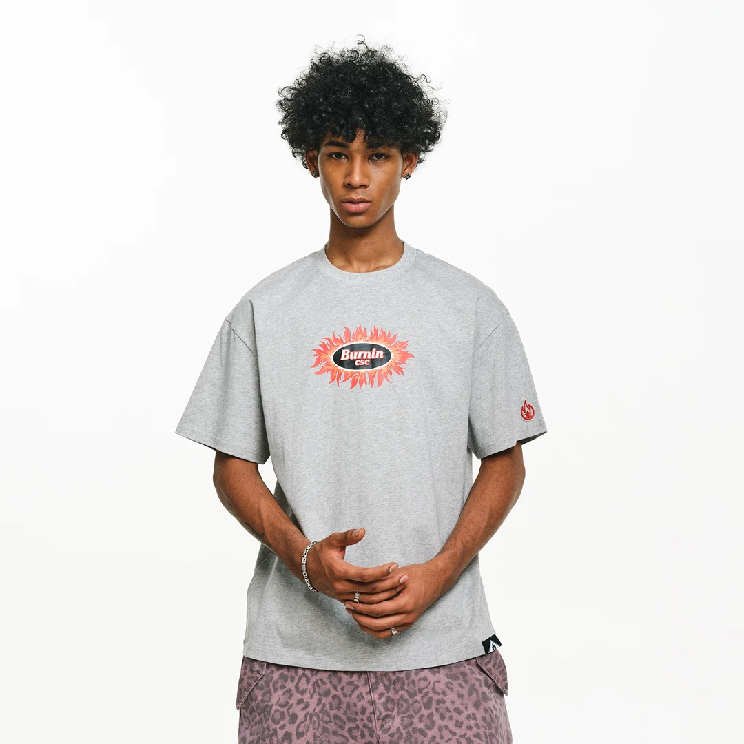 BURNIN* 椭圆太阳花logo短袖T恤纯棉宽松圆领印花运动美式半袖