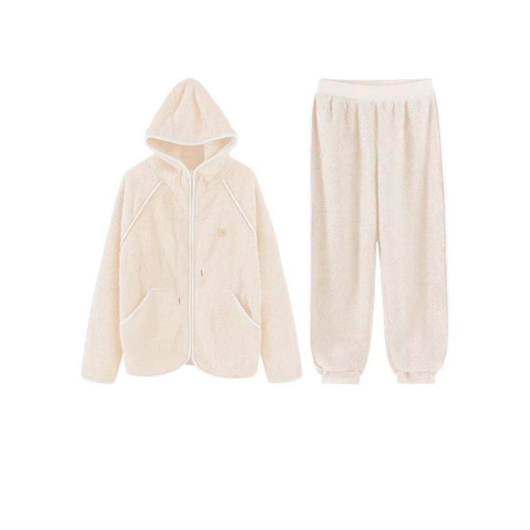 7789-情侣款羔绒连帽外穿居家套装（米白）