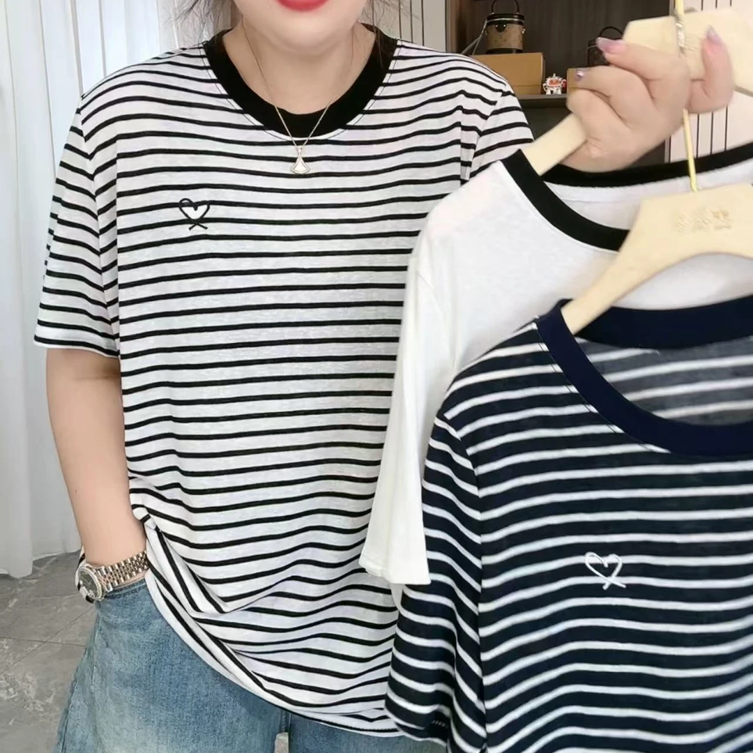 85159超薄百搭爱心条纹短袖T恤