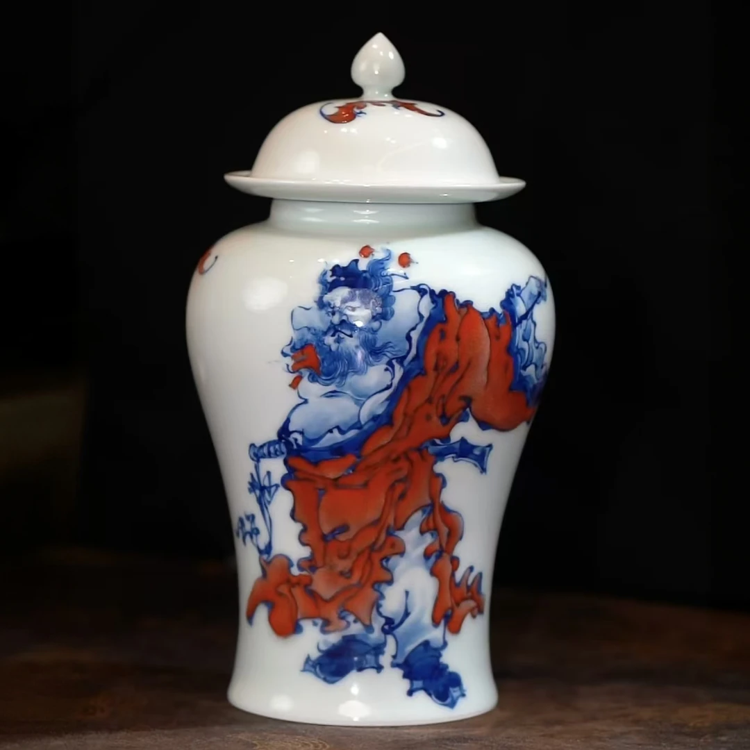 【寒山窑】青花斗珐琅彩-钟馗茶叶罐