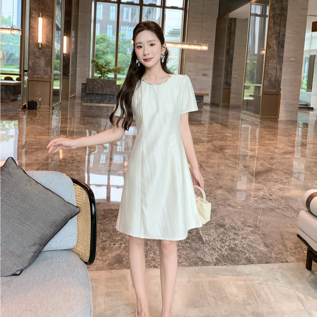 奢姿【玉玲珑】大码女装夏季新款显瘦时尚轻奢小香风重工钉珠连衣裙