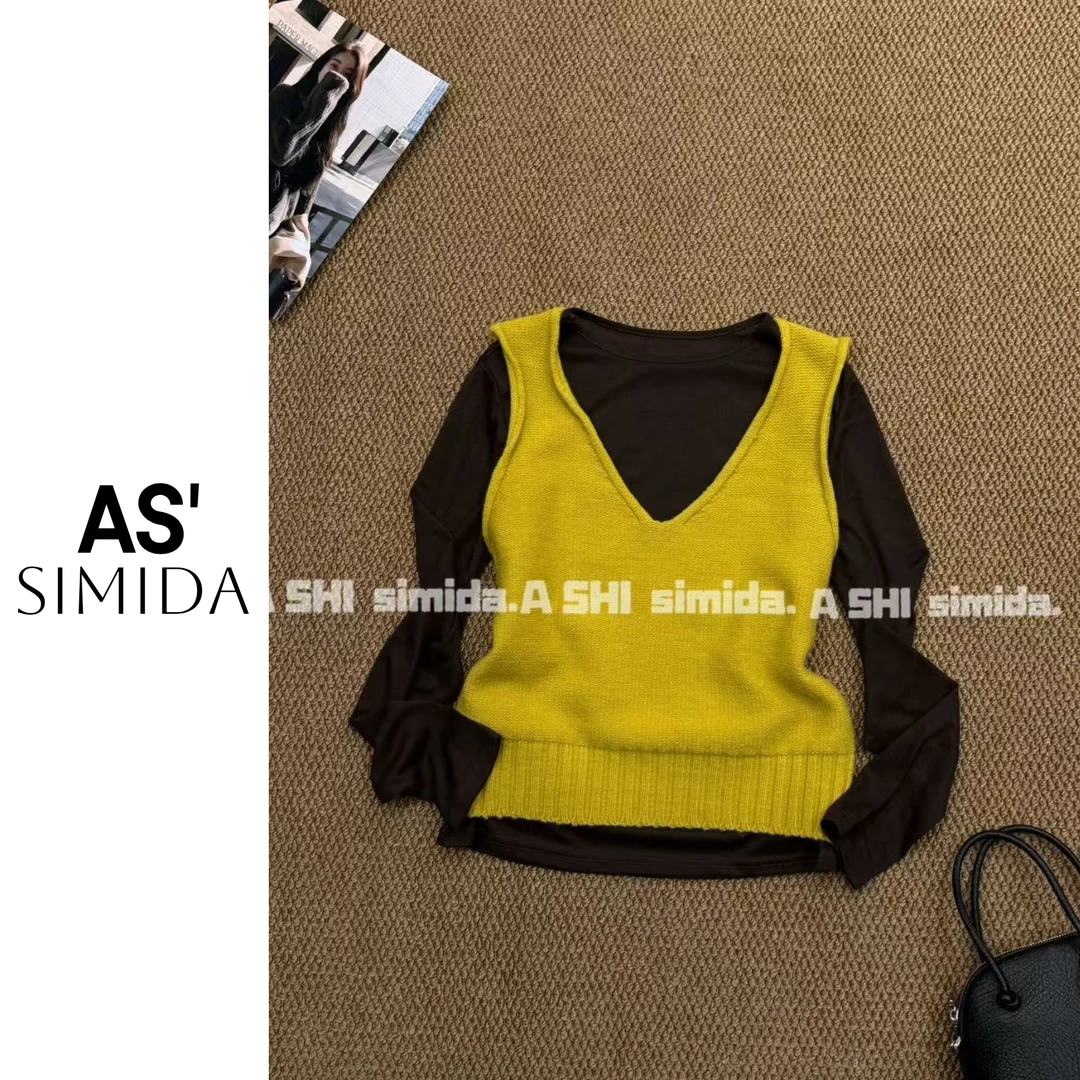 SIMIDA诗觅   韩系毛织背心+咖色打底两件套