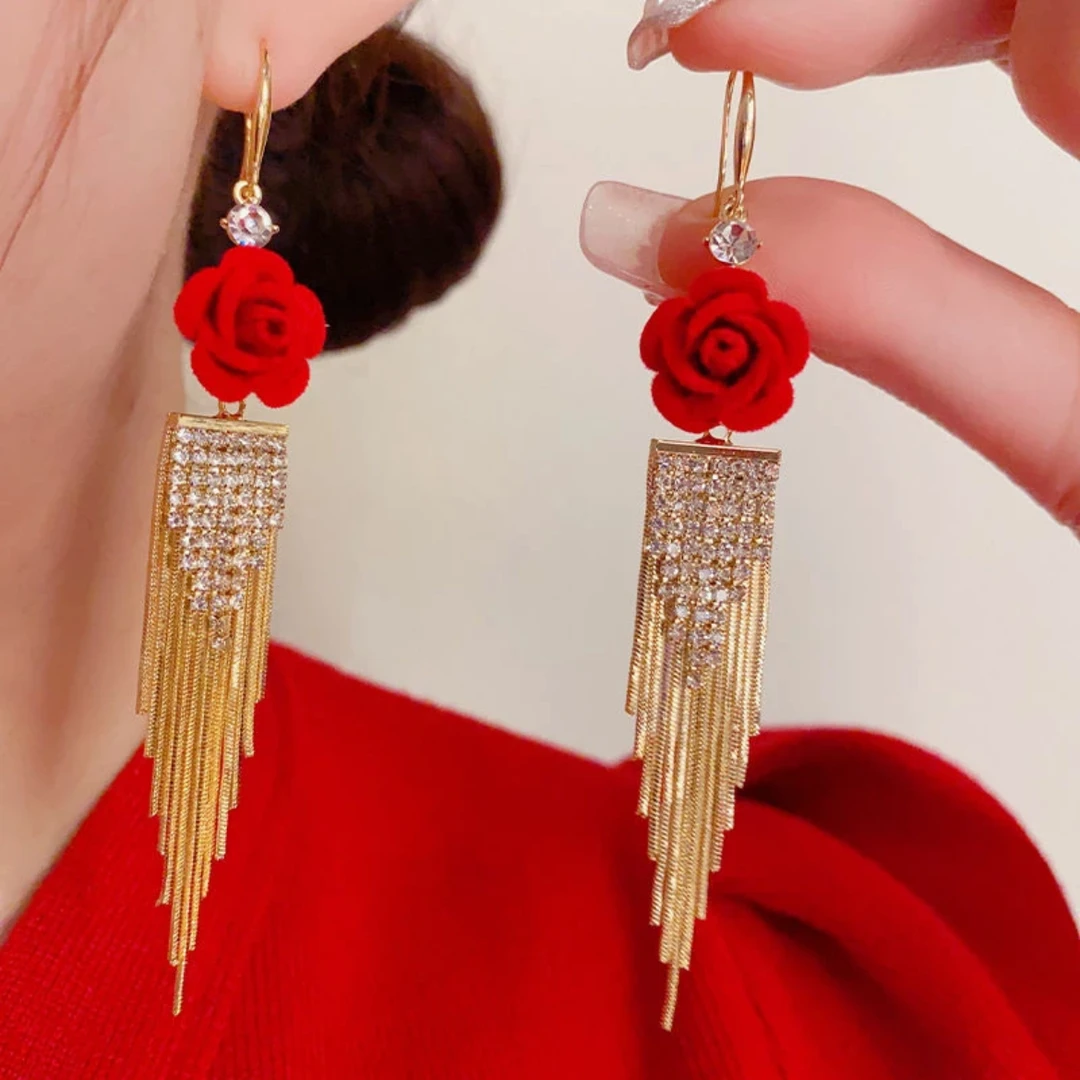 铜合金耳饰 新款红色植绒花朵长流苏耳环气质新款过年玫瑰花B416