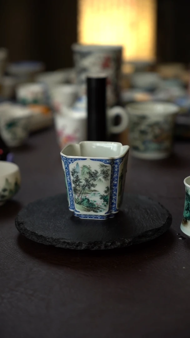 异形雕刻开窗大师手绘四季山水四方主人杯
