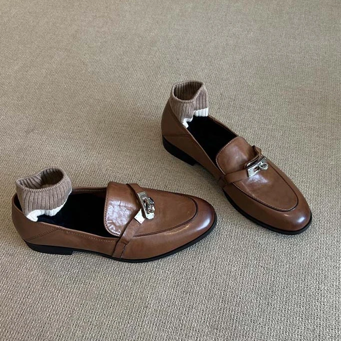 羊皮版~复古软皮一脚蹬懒人鞋女粗跟单鞋英伦风小皮鞋平跟乐福鞋