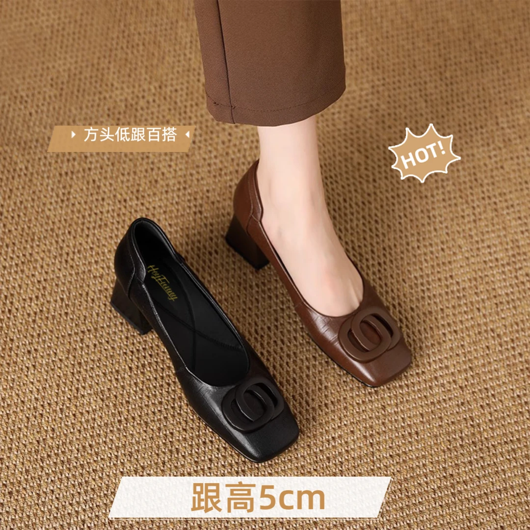 春季新款中跟粗跟方头低跟浅口单鞋玛丽珍高跟百搭乐福鞋鞋子皮鞋
