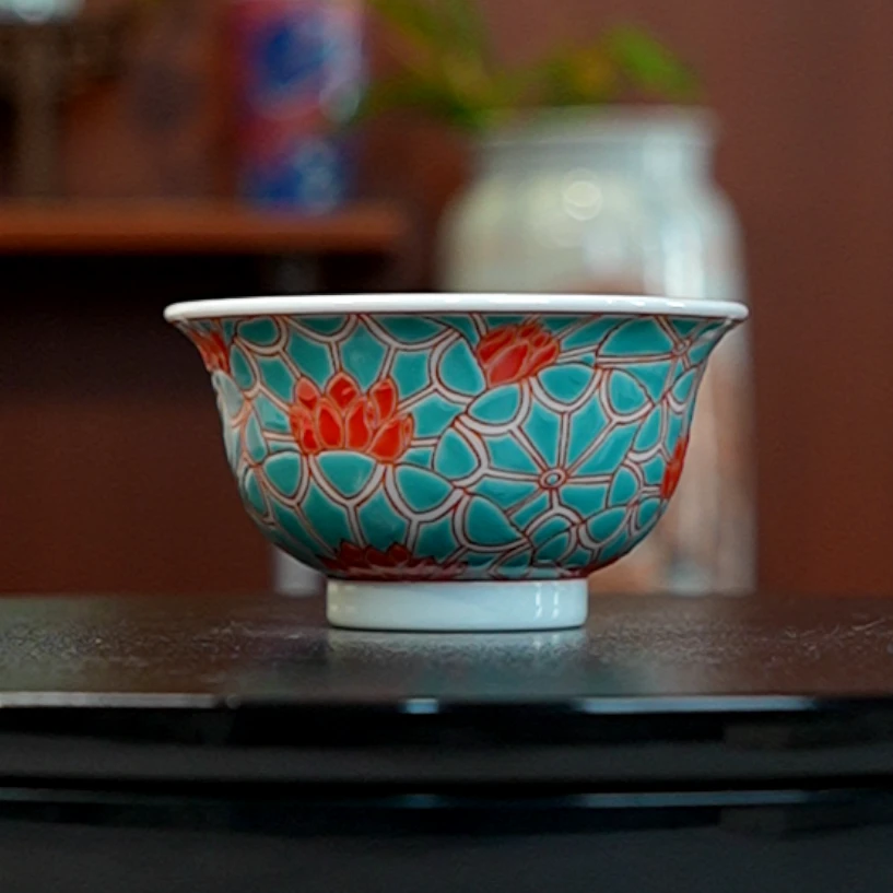 12.27/N100160/01079/红绿彩荷花压手杯/口径9.2/高5.2