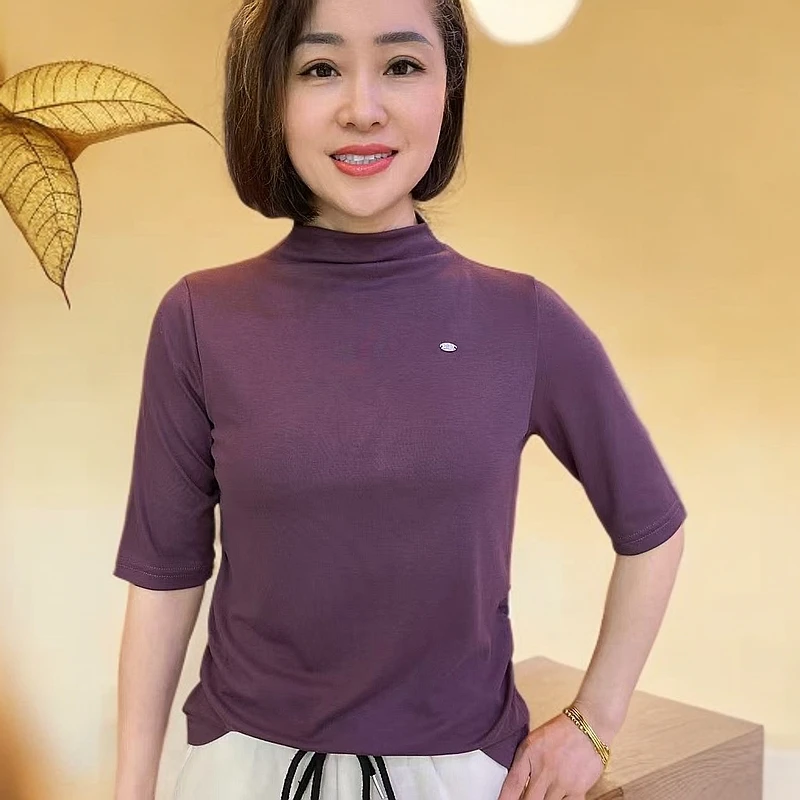 2025半高领打底衫堆堆领两侧收腰洋气显瘦软糯纯色打底T恤五分袖