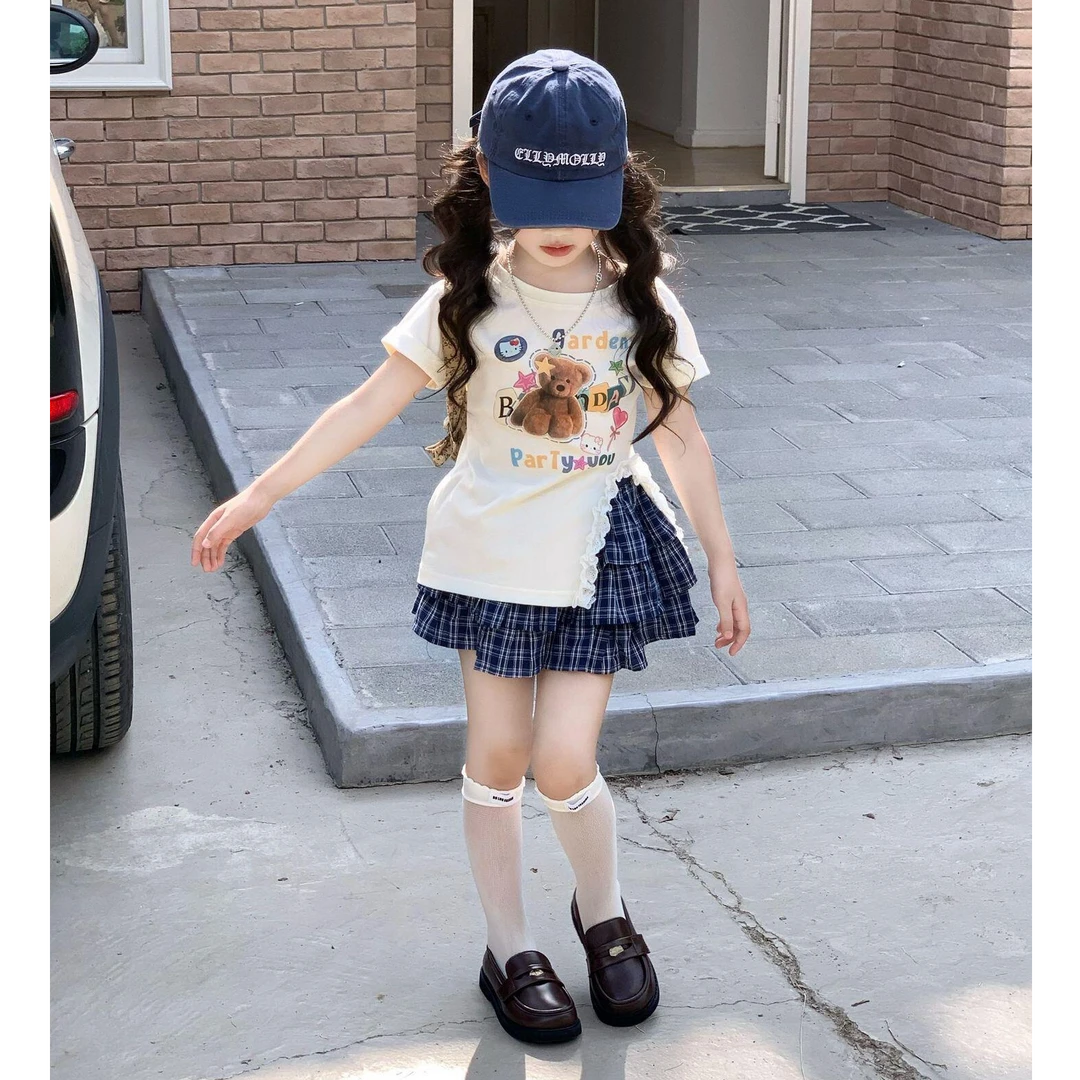 小思家女童套装2025夏甜美韩版洋气印花蕾丝开衩短袖格子蛋糕半裙