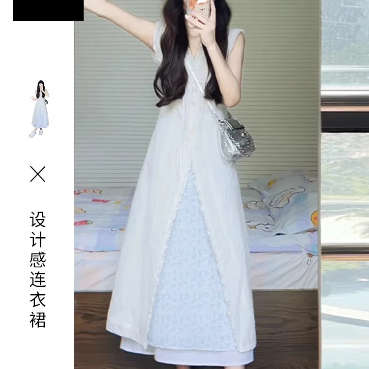 法式白色碎花半身裙女夏季2025新款小个子开叉设计感长