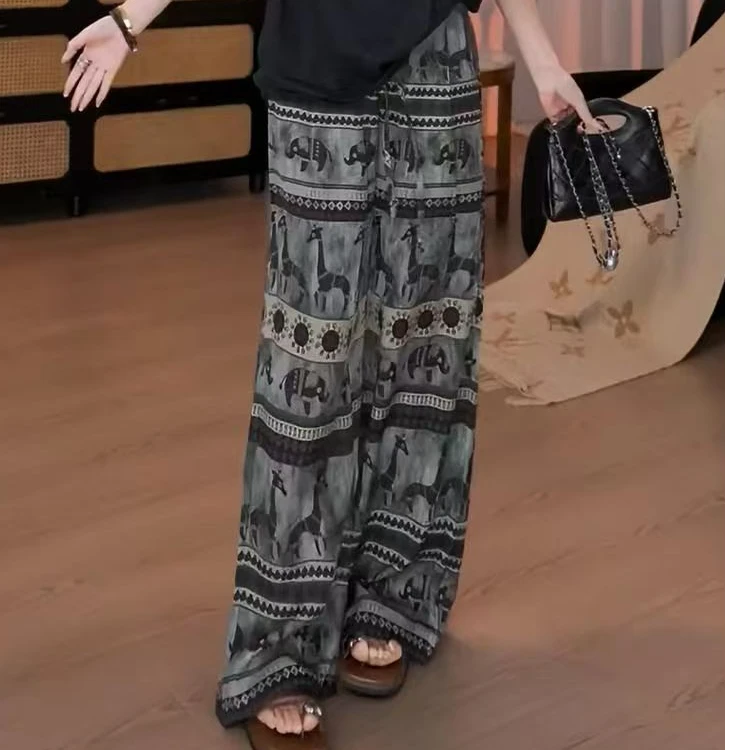 棉绸夏季双口袋款女一鹿生花直筒裤复古百搭大码长裤可外穿家居