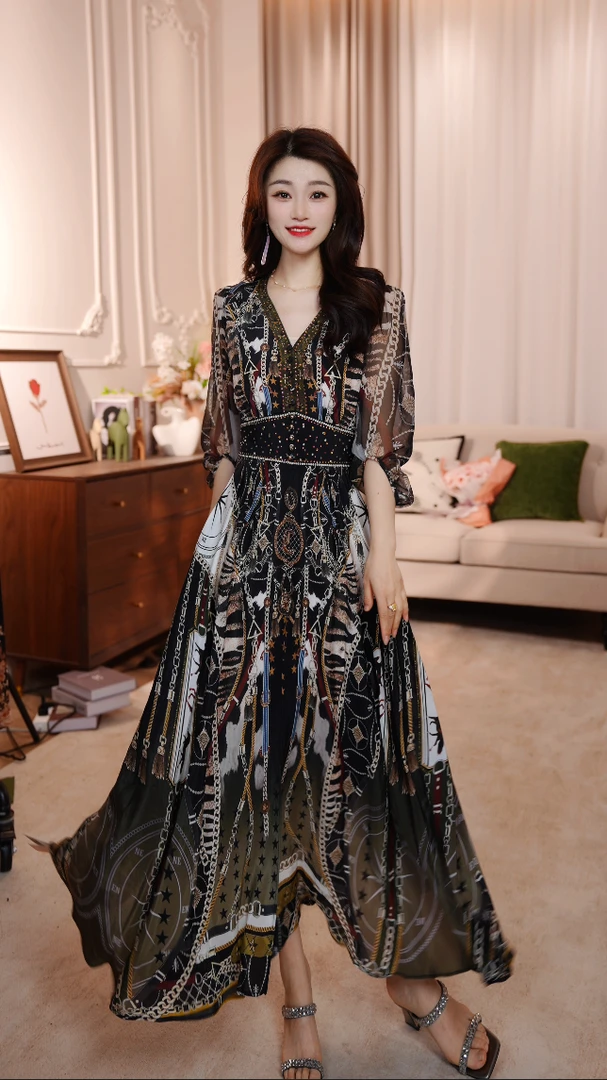 【曼珠沙华】25年时尚名媛风优雅气质收腰高端连衣裙