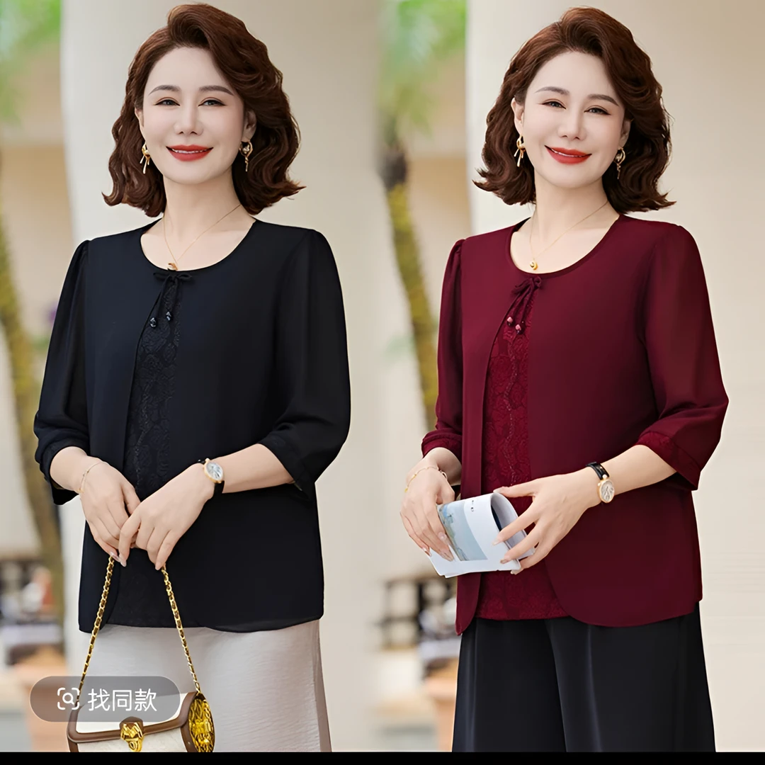 春夏妈妈装假两件气质时尚衬衣新款中老年女士显瘦七分袖中式小衫