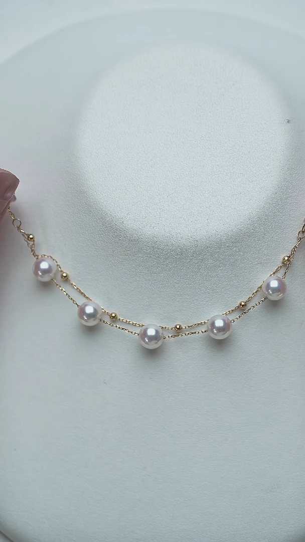 海水珍珠18K金镶嵌手链akoya7.5-8mm18K金双层手链