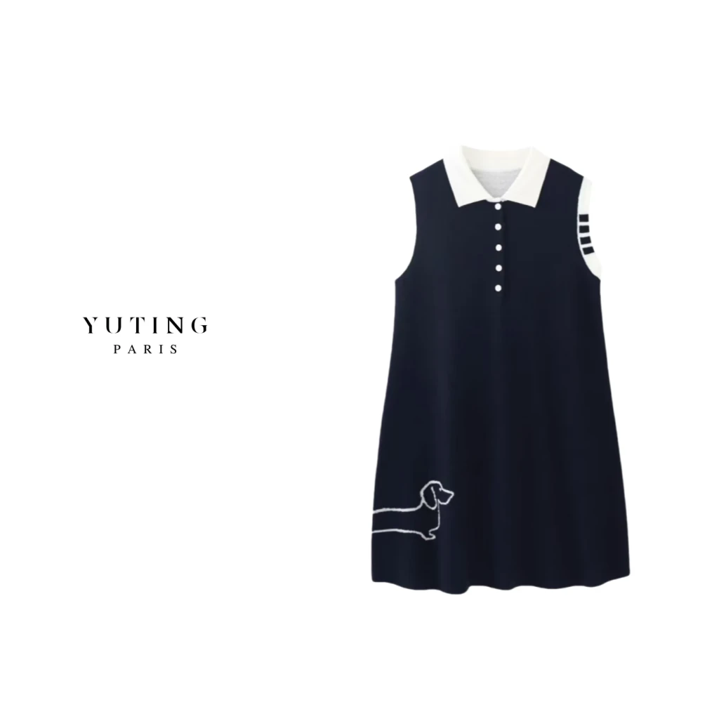 YT 25SS时尚百搭花藏蓝色翻领经典腊肠狗系列连衣裙