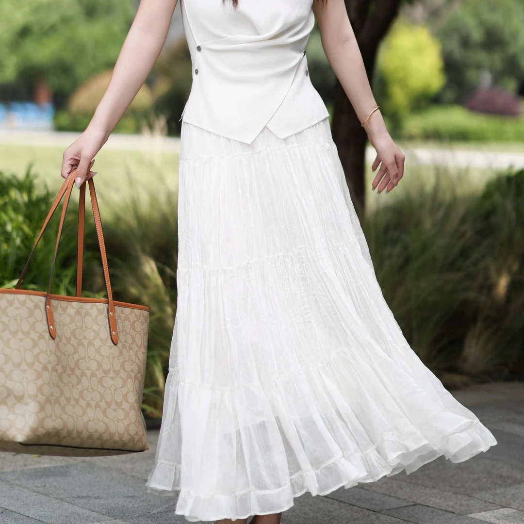 【流萤纱】法式褶皱木耳边纱裙长裙2025夏季高腰a字30-40岁洋气半裙