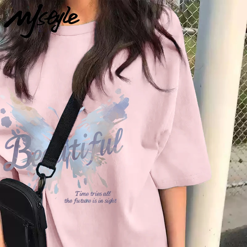MJSTYLE重磅印花粉色短袖T恤女夏季新款潮牌宽松纯棉半袖体恤上衣