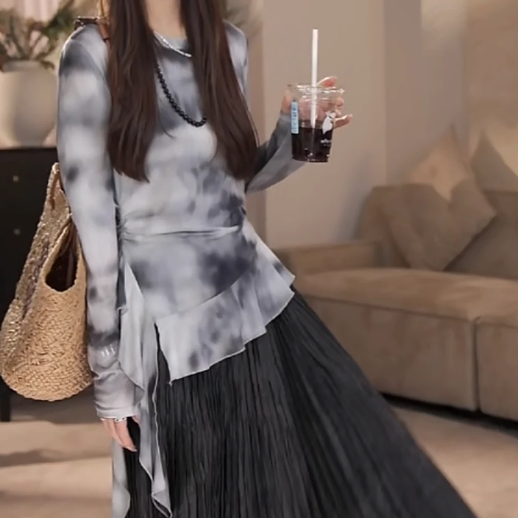 设计感不规则下摆扎染长袖T恤女2025春款圆领薄款洋气百搭上衣