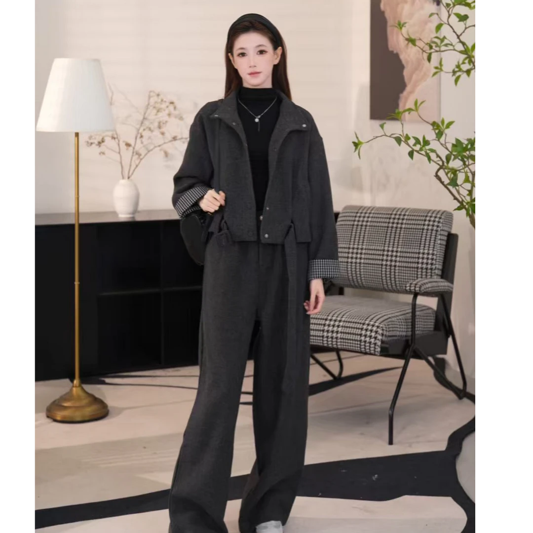 珩绣2025年秋装立领格子撞色设计感毛呢短外套阔腿裤套装X-250901