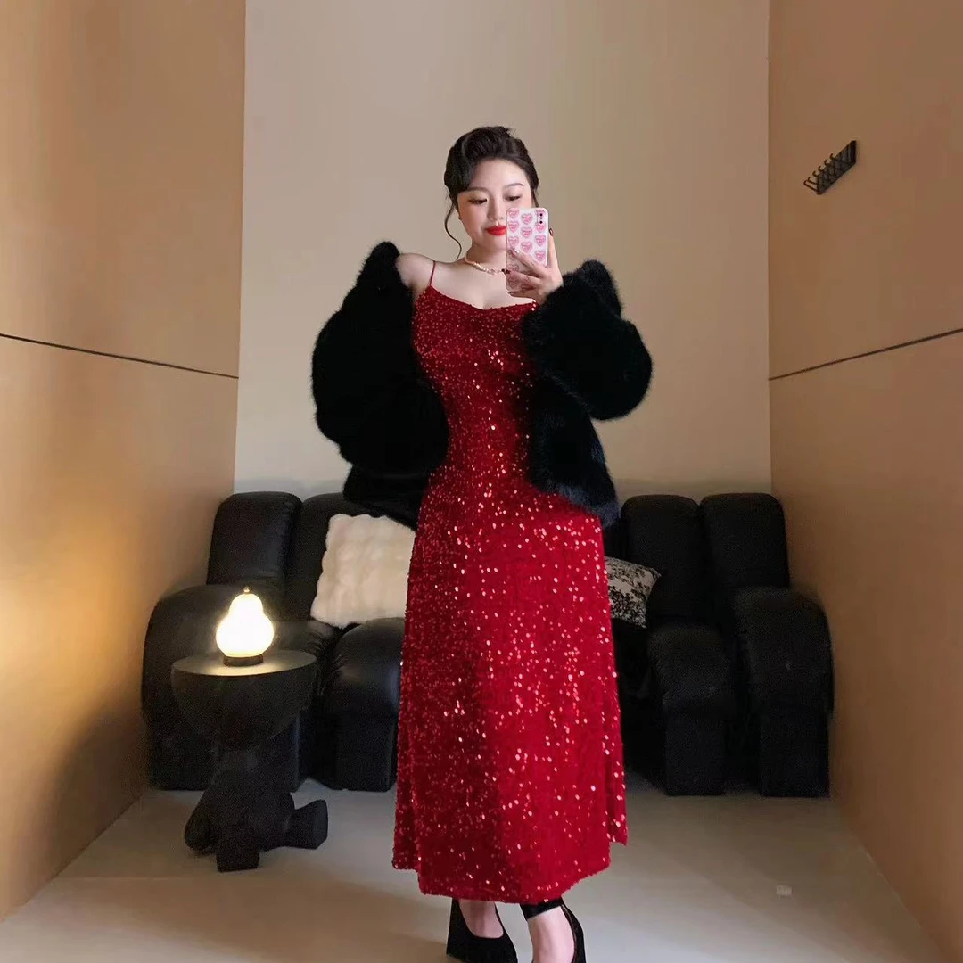 慧芝huizhi 年会bling战裙 定制款 亮片收腰吊带显瘦女人味连衣裙