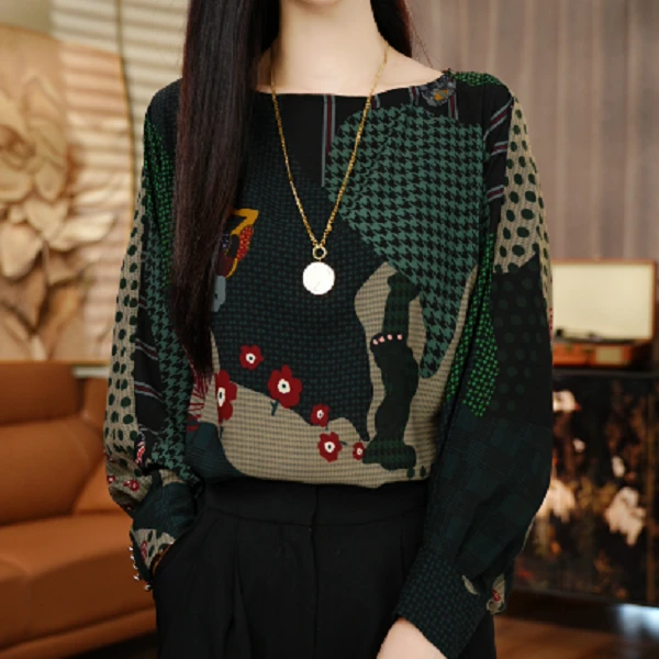 国颐 新款初秋长袖女圆领高端显瘦显白百搭时尚上衣V24H0702