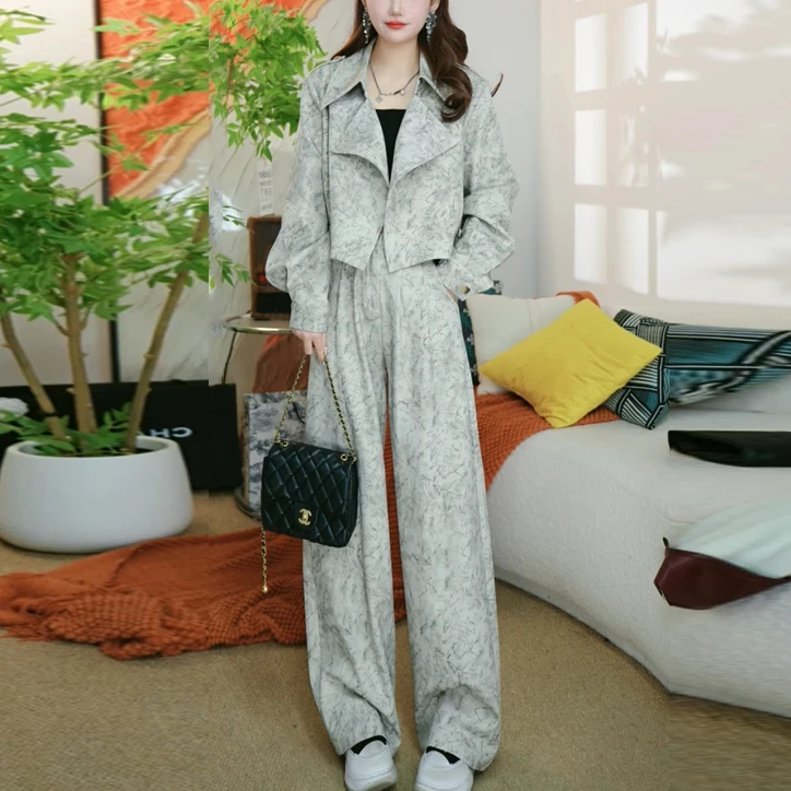 2025春秋新款扎染风衣短款外套上衣高腰直筒阔腿裤气质显瘦两件套