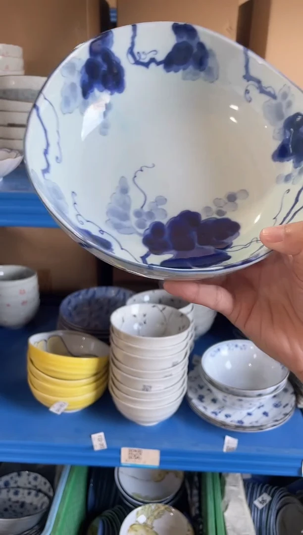 瓷片蓝染葡萄8.1英寸异形深碗 微瑕