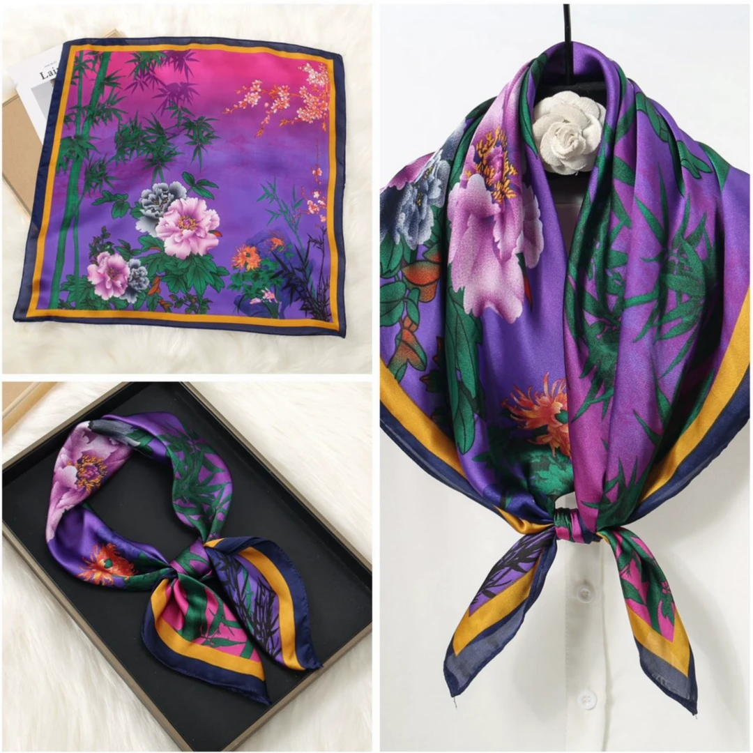 7063末苏紫竹叶牡丹花丝巾70*70方巾