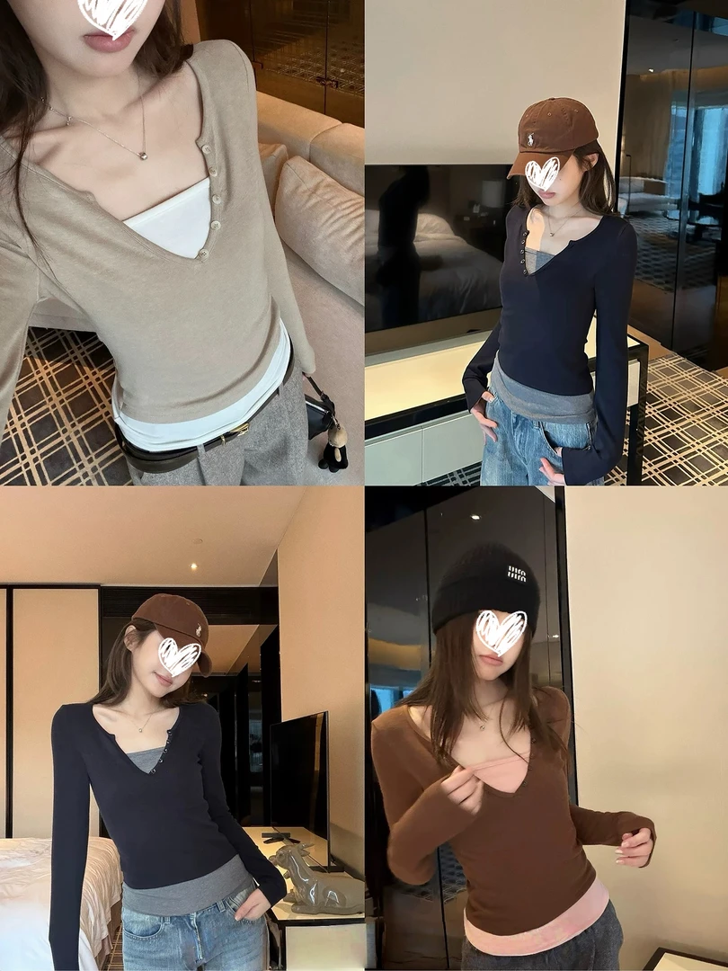 撞色拼接内搭假两件针织衫女冬季韩系修身显瘦休闲打底衫