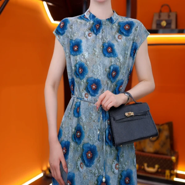 2025新款蓝恋花攻连衣裙新中式中长款宽松裙子气质夏季正品女显瘦