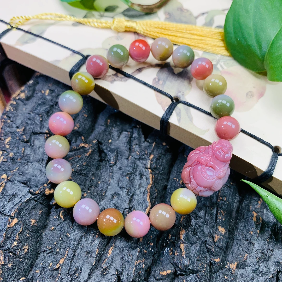 天然老矿七彩盐源玛瑙手工精雕弥勒佛仙色光珠手串
