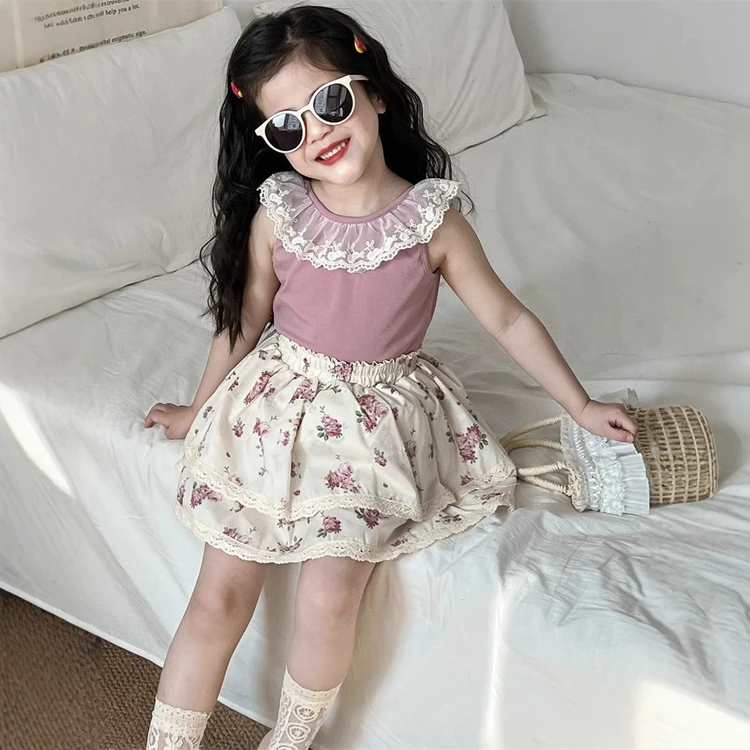 YeeHoO英氏【断码】夏装新款夏季甜美无袖洋气半裙女童蕾丝印花风宝