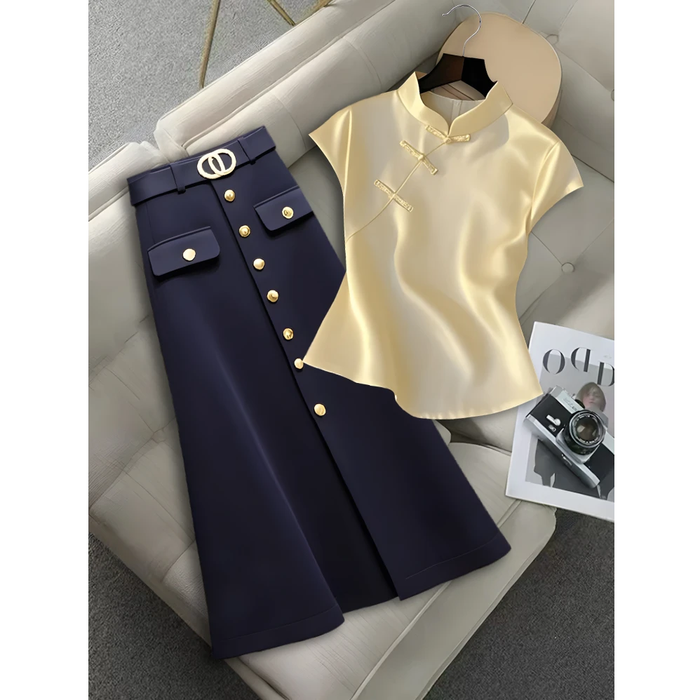 2025夏季新款高级感穿搭洋气独特别致立领上衣时尚气质显瘦半身裙