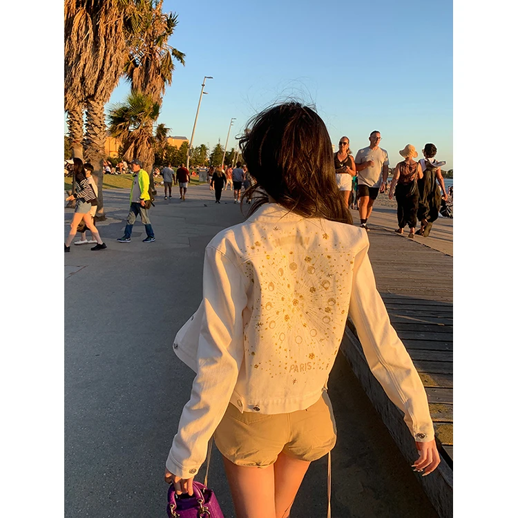 美式复古短款印花重工牛仔外套女2025春季新爆款修身显瘦夹克上衣