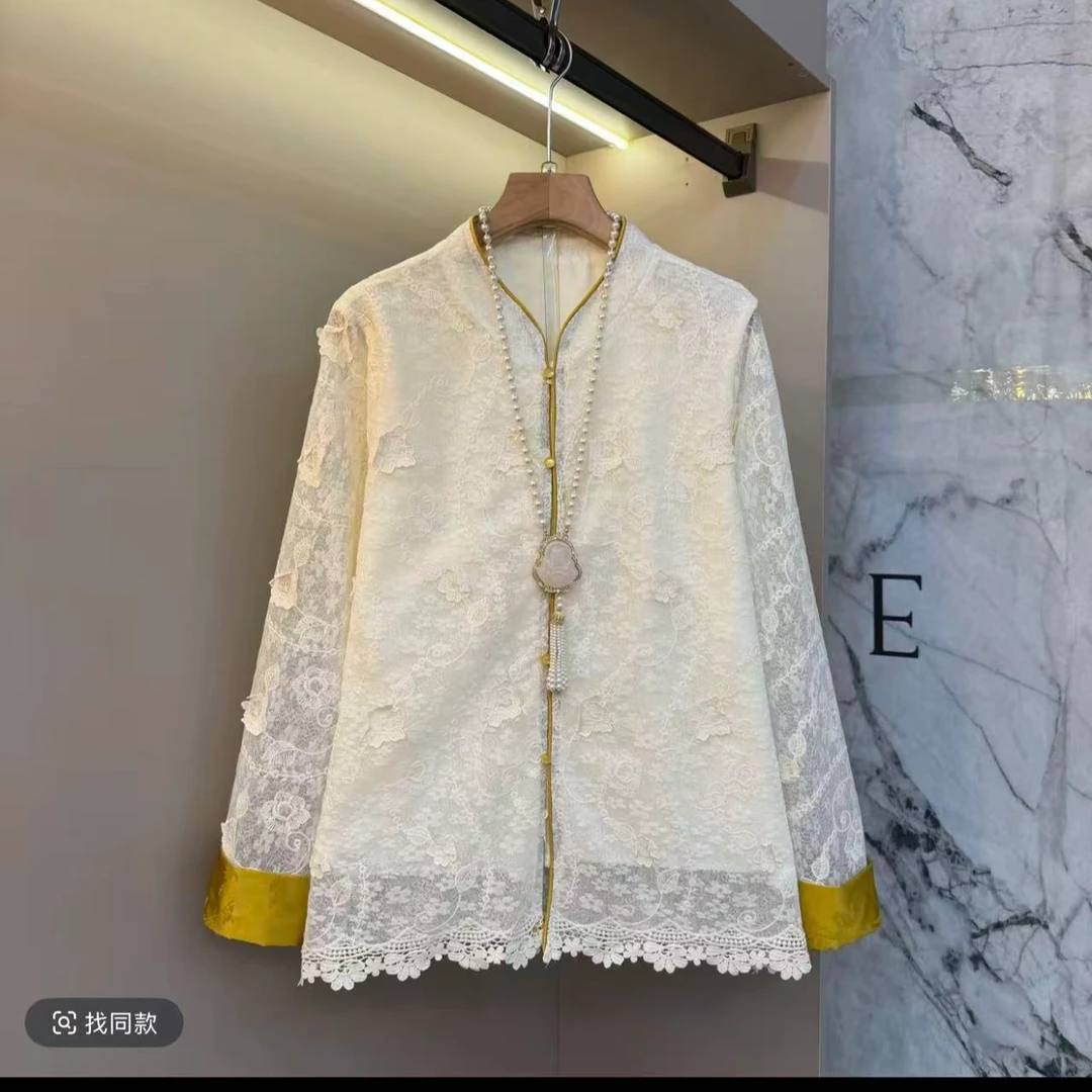 胖胖家*2651新款蕾丝百搭显瘦洋气立领蕾丝衫