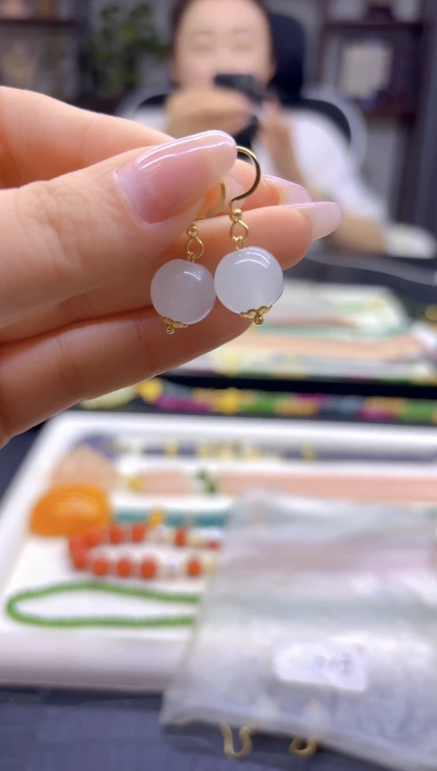 14K金镶嵌和田玉耳饰DIY款E04