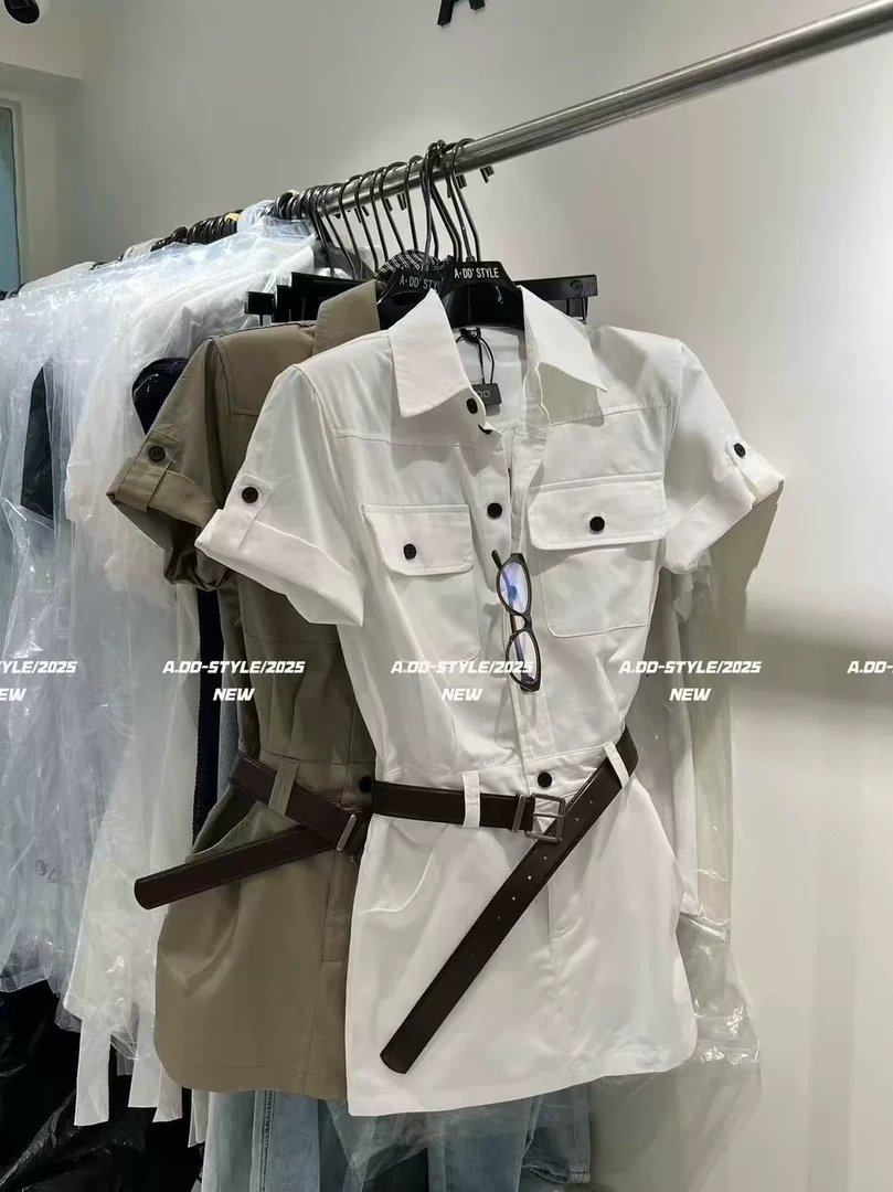 夏季复古港风工装连衣裙设计感拼接潮流显瘦排扣翻领女短裙92673