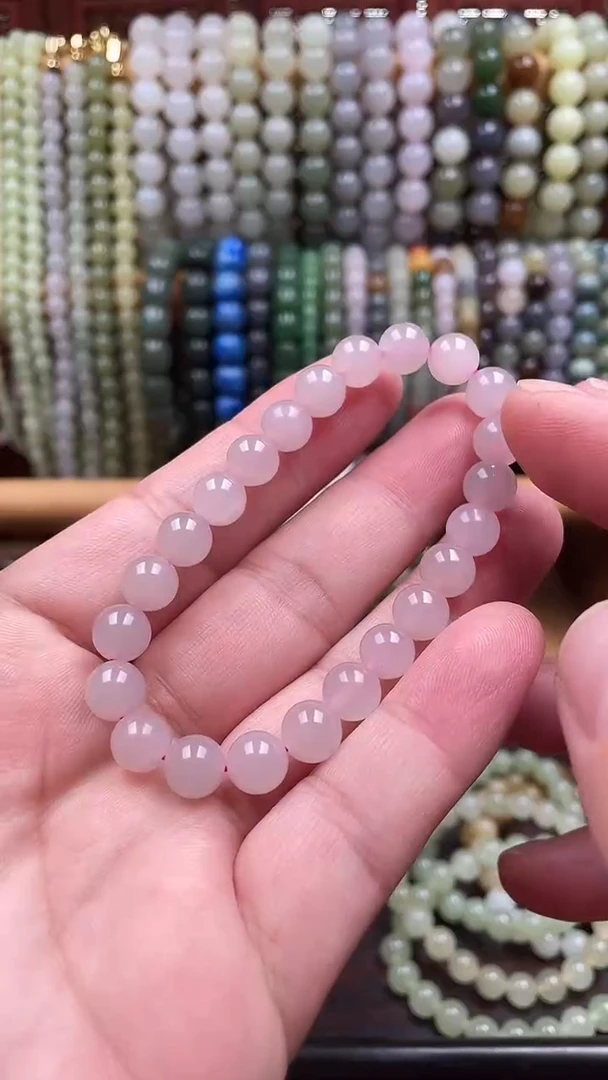 未镶嵌手串和田玉冰底藕粉卡八圆珠单圈手串