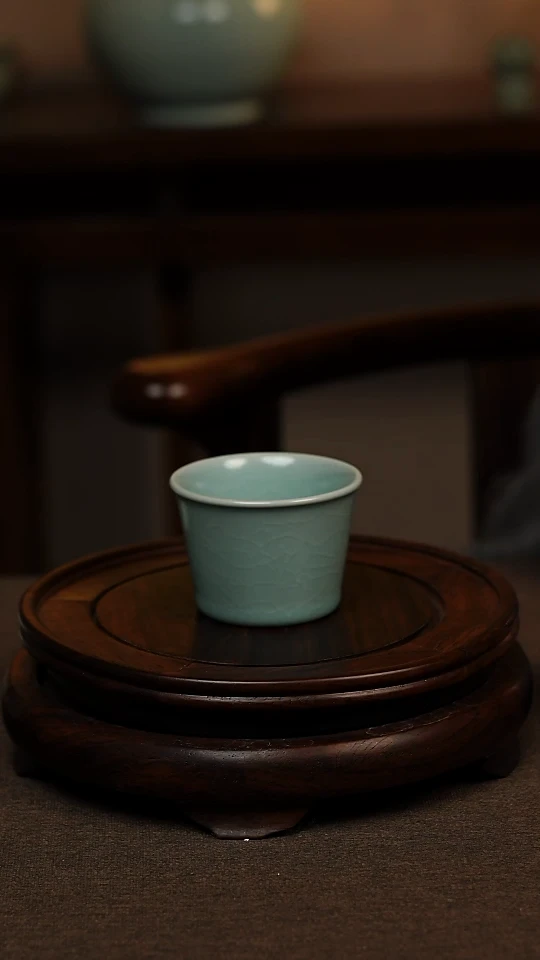 瓷片仿古天青全手工马蹄杯80ml 微瑕 不带礼盒