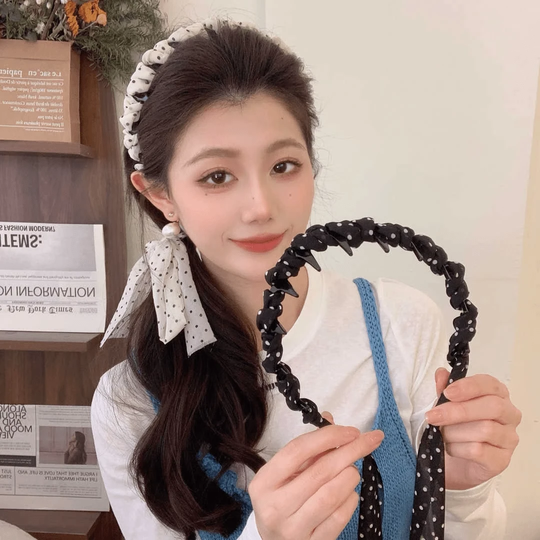 波点飘带编发一体式发箍箍女2025年新款蝴蝶结丝巾绑发带齿梳头箍
