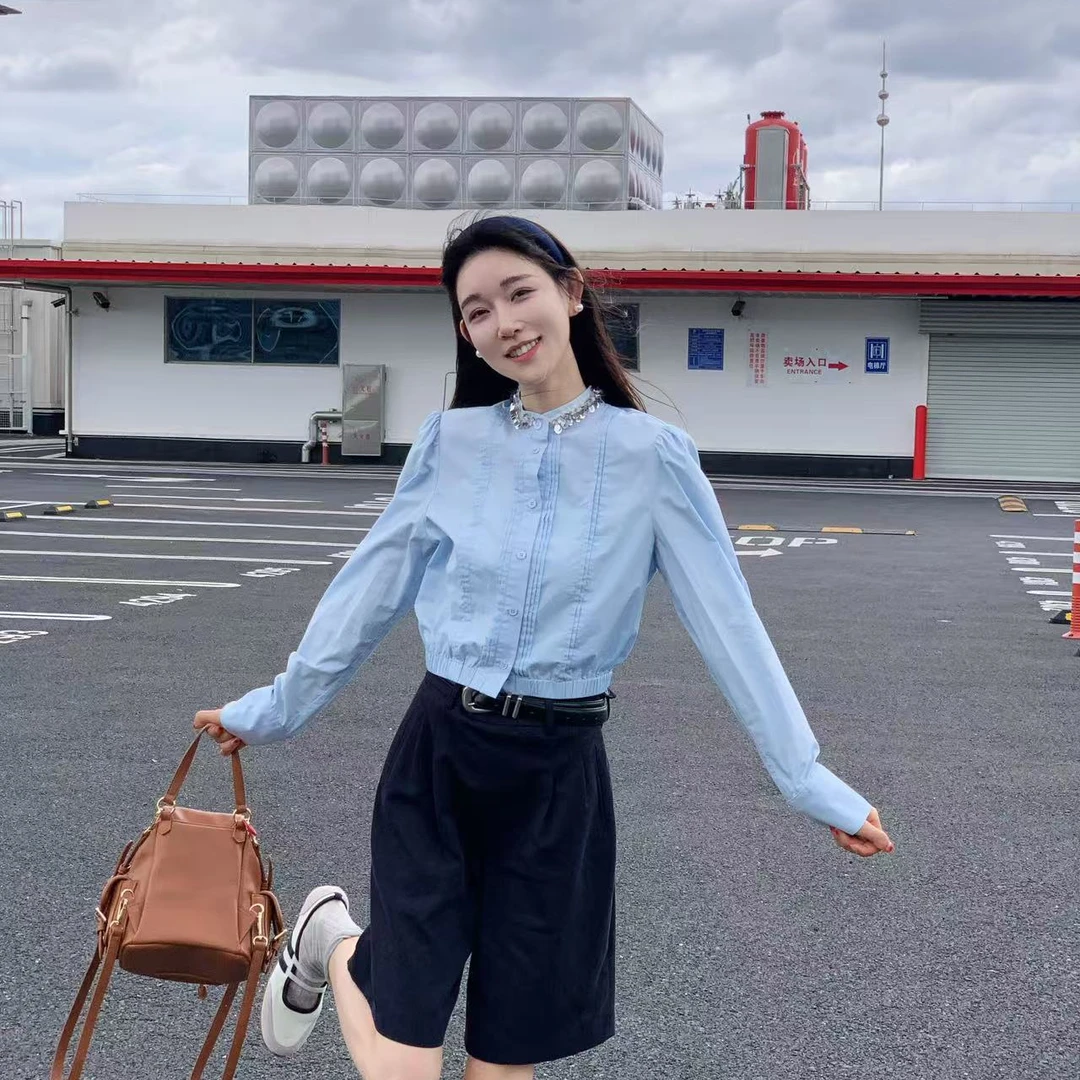 OUDOCKEE 鸥鸥【100棉】蓝精灵 浅蓝色水钻圆领上衣 S2503X571T