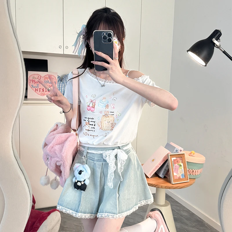 元气甜心 织物猪原创 甜美可爱卡通印花短袖女夏季显瘦牛仔短裙