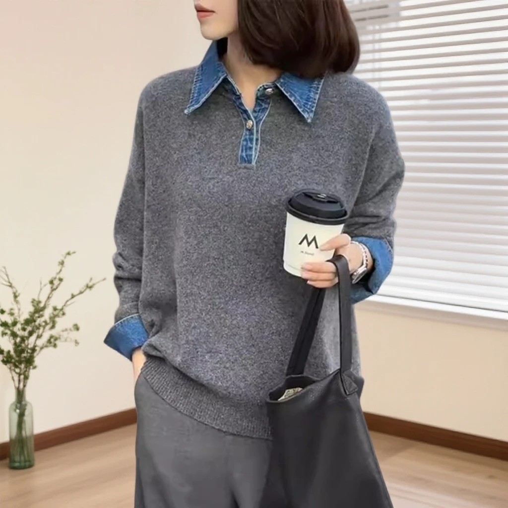 【商场同款】冬季翻领长袖秋季灰色polo薄款女拼接牛仔毛针织衫毛衣